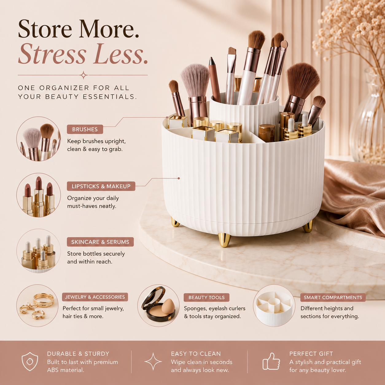 Liora Beauty™ Elegant 360° Rotating Makeup & Brush Organizer