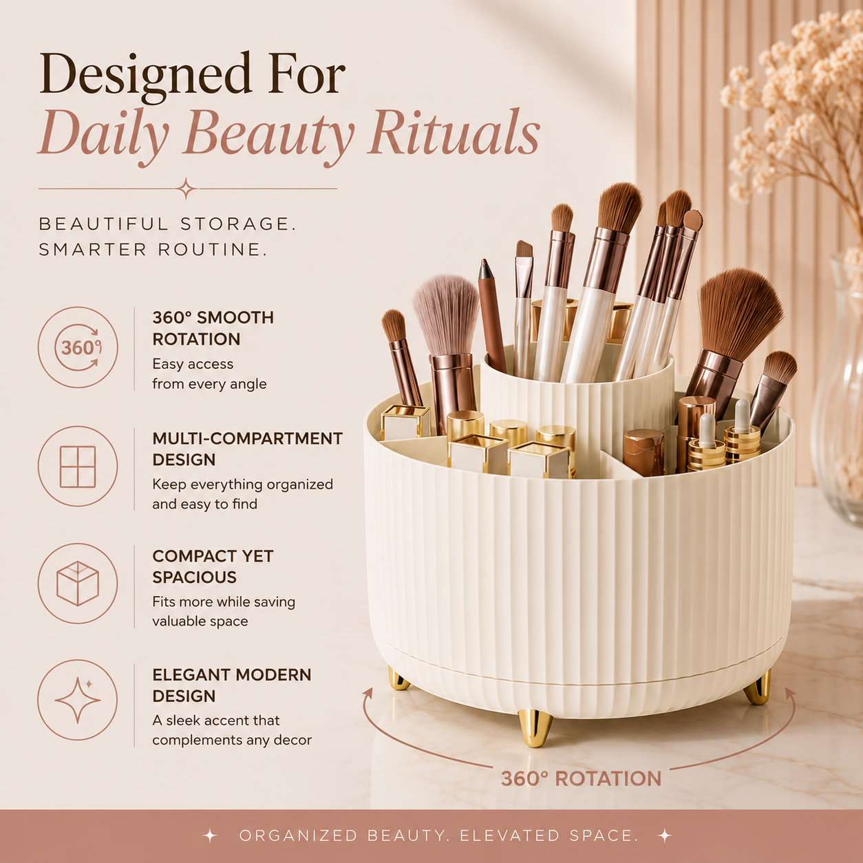 Liora Beauty™ Elegant 360° Rotating Makeup & Brush Organizer