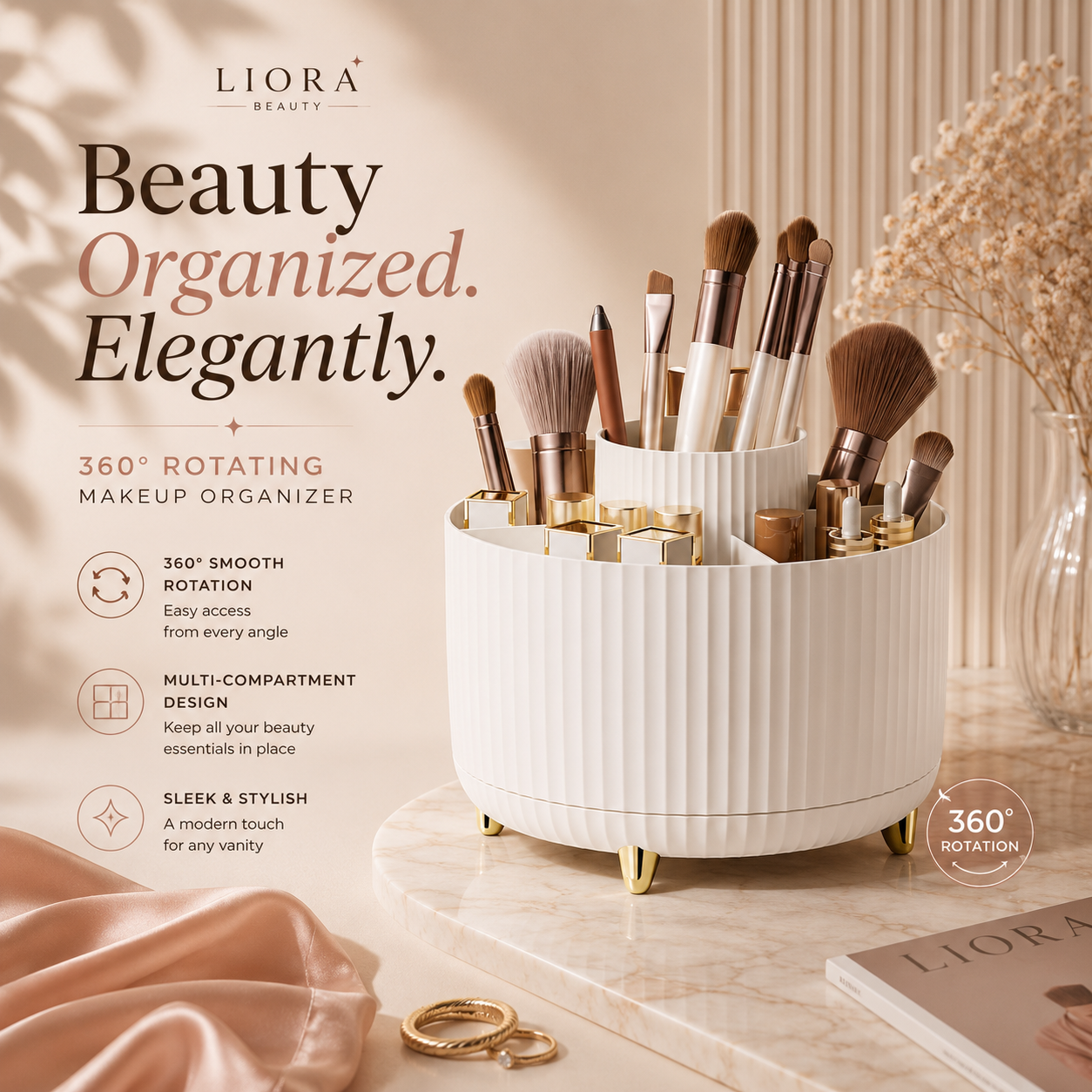 Liora Beauty™ Elegant 360° Rotating Makeup & Brush Organizer